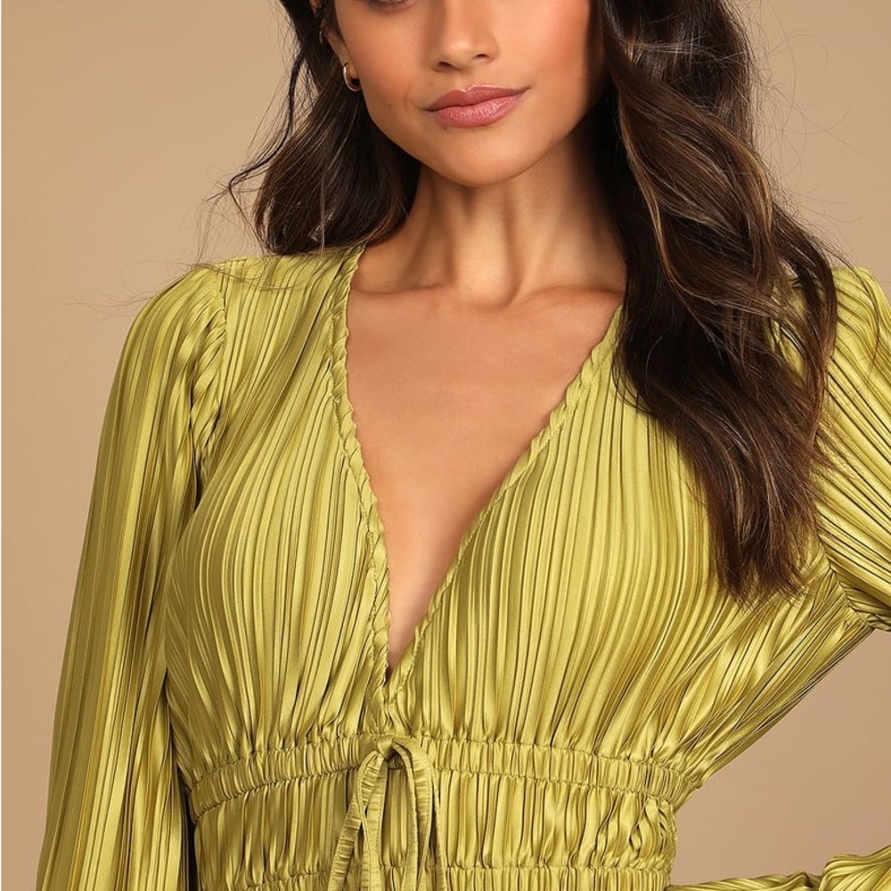 Lulus Staying Optimistic Chartreuse Pleated Bell Sleeve Top - Picture 5 of 5
